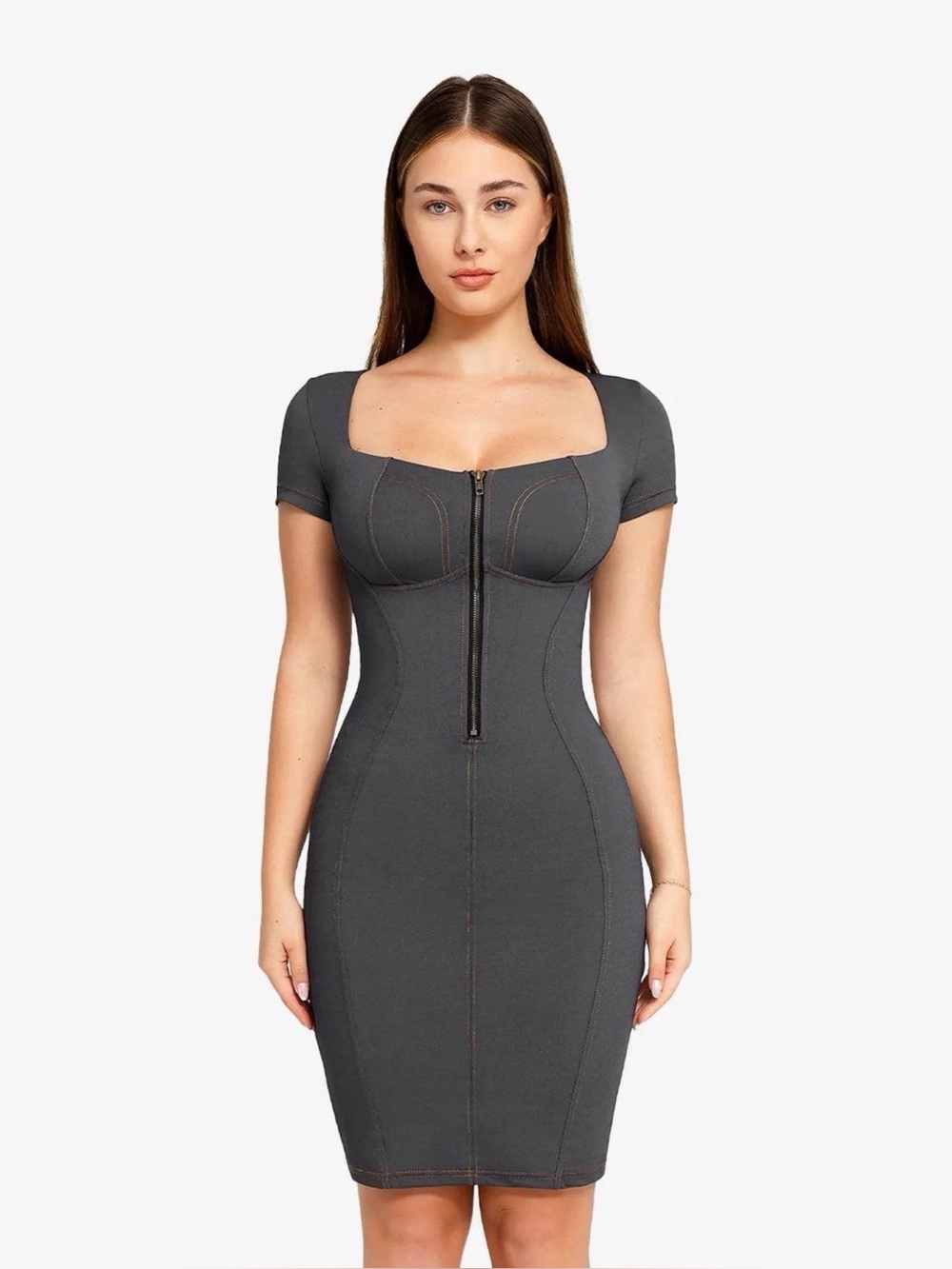 Popilush Shapewear Denim Square Neck Tummy Control Midi Dress
